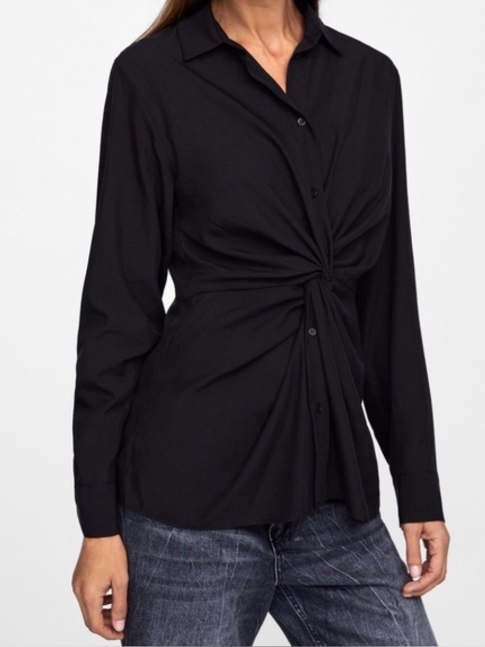 Black Twisted Front Button-Down Women's Top